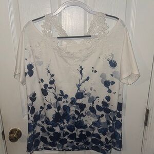 Elegant Floral Women's Blouse - Navy and Cream